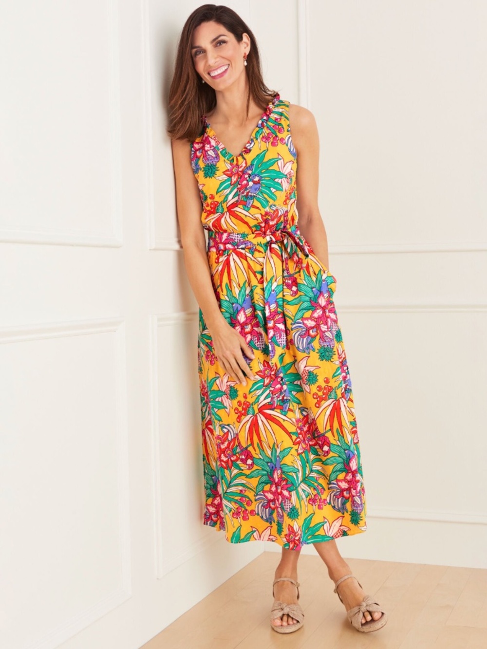 Talbots Belted Fit & Flare Floral Midi Dress with Pink & Green Accents Size 12